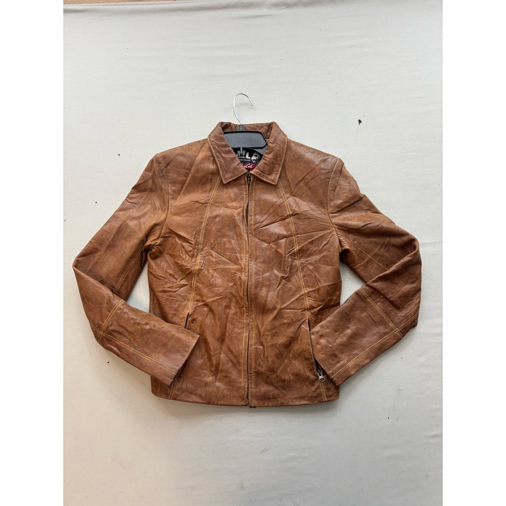 NZL New Zealand Leather Remy Costa Brown Distressed Zip Up Moto Jacket Womens M